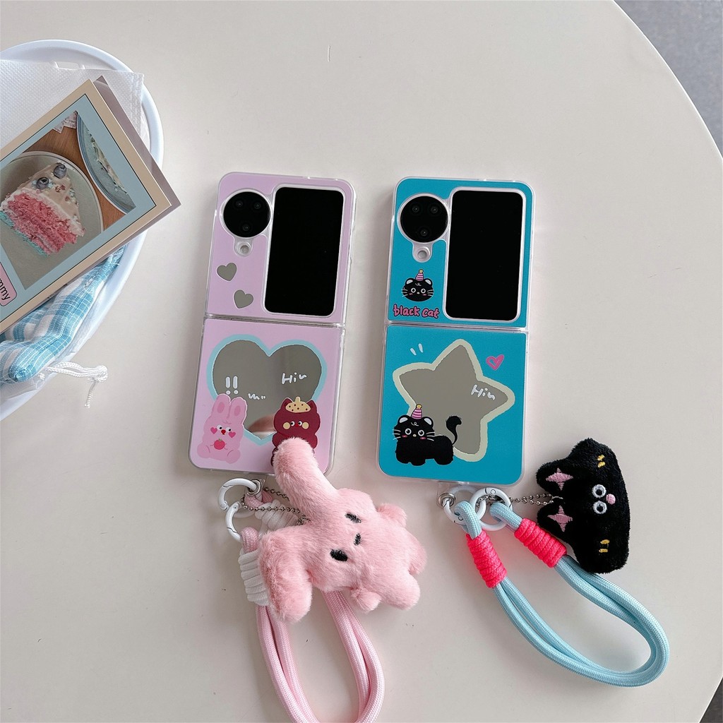 Black cat rabbit เคสโทรศัพท์แบบพับได้สําหรับ OPPO Find N3 FLIP N2 FLIP ฝาหลังกันกระแทกปลอกพร้อมจี้