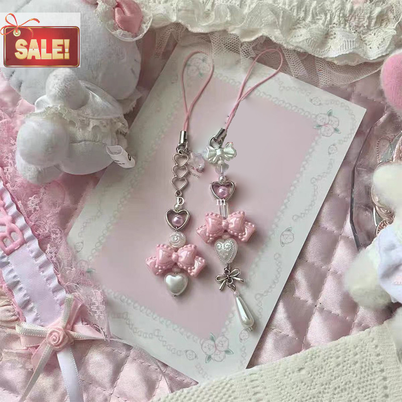 Bl Y2K สีชมพู Bowknot หัวใจลูกปัดพวงกุญแจหวานน่ารักโทรศัพท์มือถือ Lanyard สดทุกการแข่งขันกระเป๋าจี้กระเป๋าแขวนตกแต่ง A