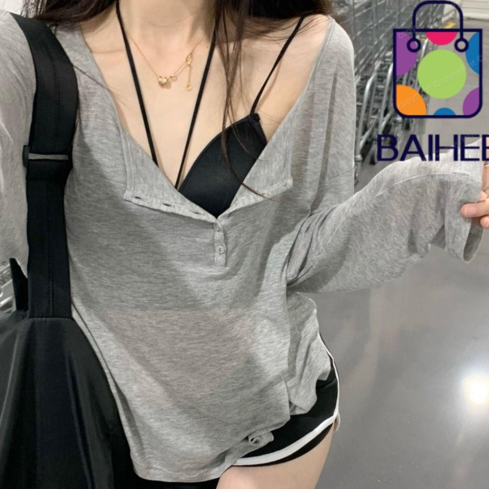 Baihee เสื้อกล้าม, V Collar เสื้อครอปแขนยาว, ปุ่ม Y2k วินเทจ Sun Protection Frock Lady