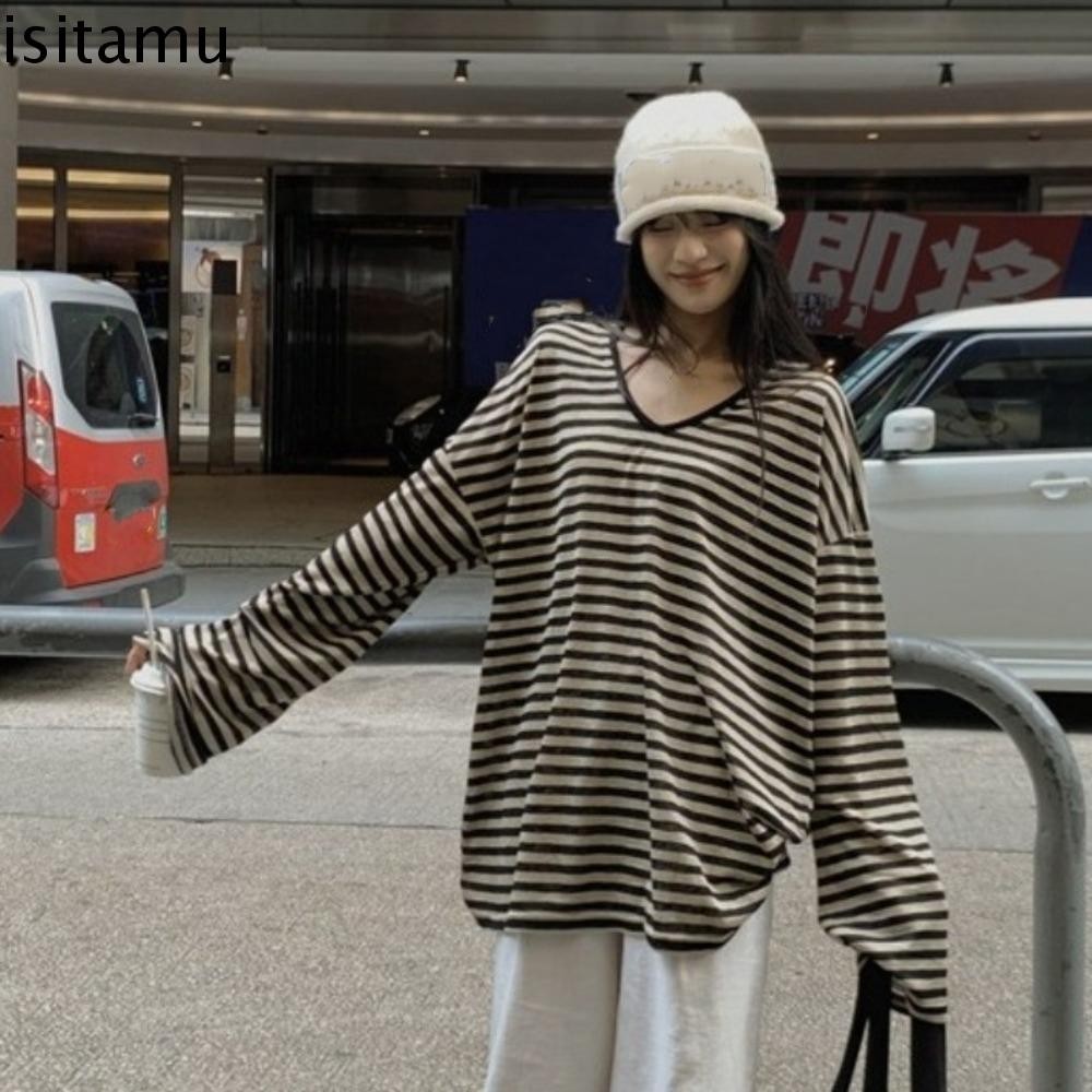 Isitaft เสื้อยืดแขนยาว, ขนาดใหญ่หลวม Pullovers ผู้หญิง Y2K, แฟชั่นลูกเรือคอหญิงเสื้อผ้าทั้งหมดมีนาคมลาย Bottoming เสื้อผู้หญิง