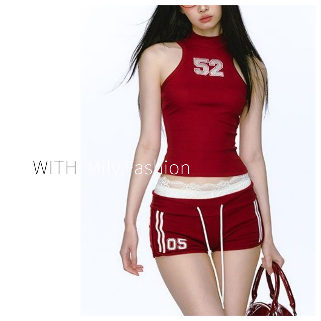 Milyfashion 2024สไตล์อเมริกันฤดูร้อนแบบใหม่สาวฮอตเข้ารูปกีฬาเสื้อกล้ามผู้หญิงกางเกงสั้นสุดเซ็กซี่ชุดแฟชั่นผู้หญิง