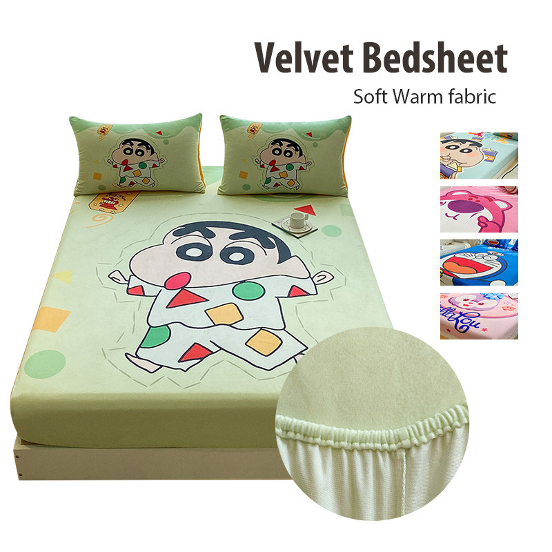 กำมะหยี่ ผ้าปูที่นอน 500เส้นด้าย กันไรฝุ่น queen single ดินสอสีชินจัง Crayon Shin-chan Lotso การ์ตูน อบอุ่น ผ้าปู 6ฟุต/5ฟุต/3.5ฟุต ผ้าปูรัดมุม 10นิ้ว bedsheet นุ่มสบาย