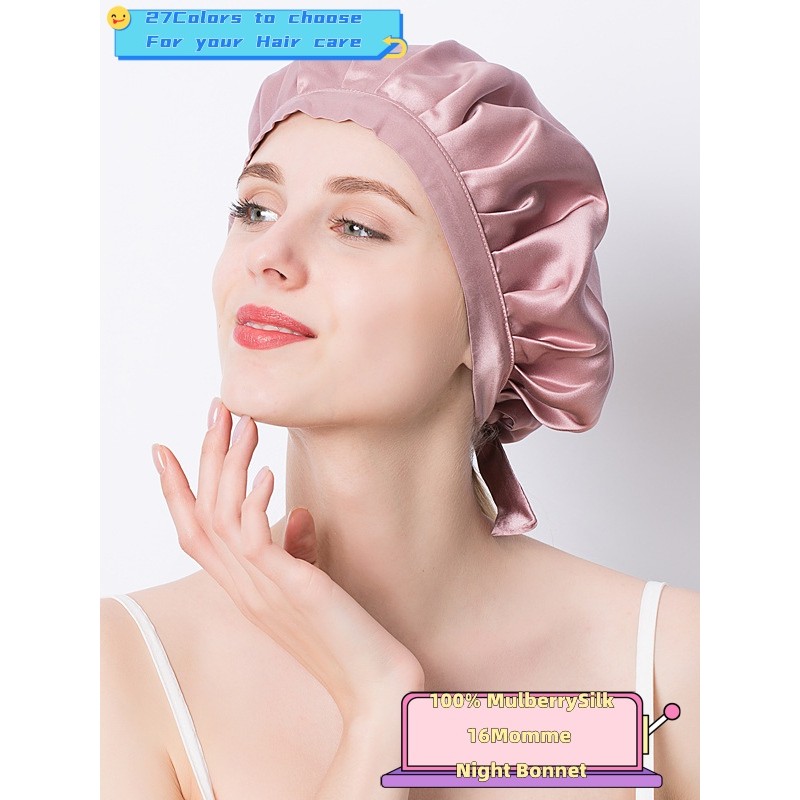 100% Mulberry Silk Night Bonnet สําหรับผู้หญิง Sleep cap Silk Ngihtcap Hair care 16Momme 27 สี