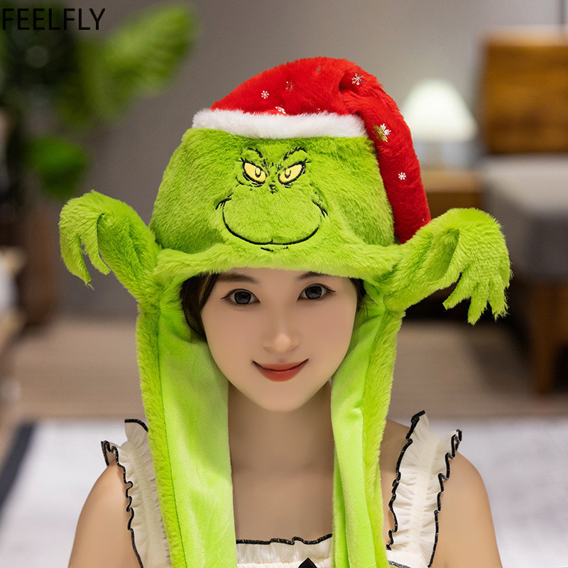 Feelfly หมวกคริสต์มาส The Grinch หมวกตุ๊กตา หมวกถุงลมมีหูขยับ[OLTS]