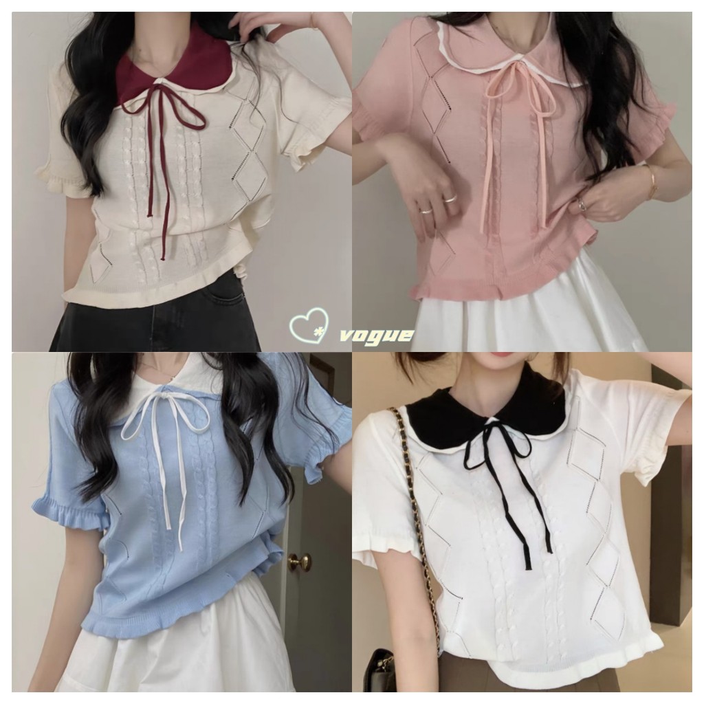 Vogue พร้อมส่ง เสื้อยืดไหมพรม สไตล์ลำลอง สีพื้น คอปก แขนสั้น ผ้าบางเบา ดีเทลลายผ้าผูกโบว์ (MT717-1)