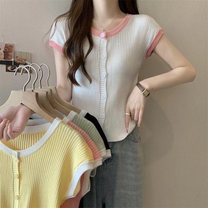 DODO⭐พร้อมส่ง⭐เสื้อยืดแขนสั้น ดีเทลผ้าร่องกระดุมสี ผ้านุ่มสวมใส่สบายสีสวย(7671-1)