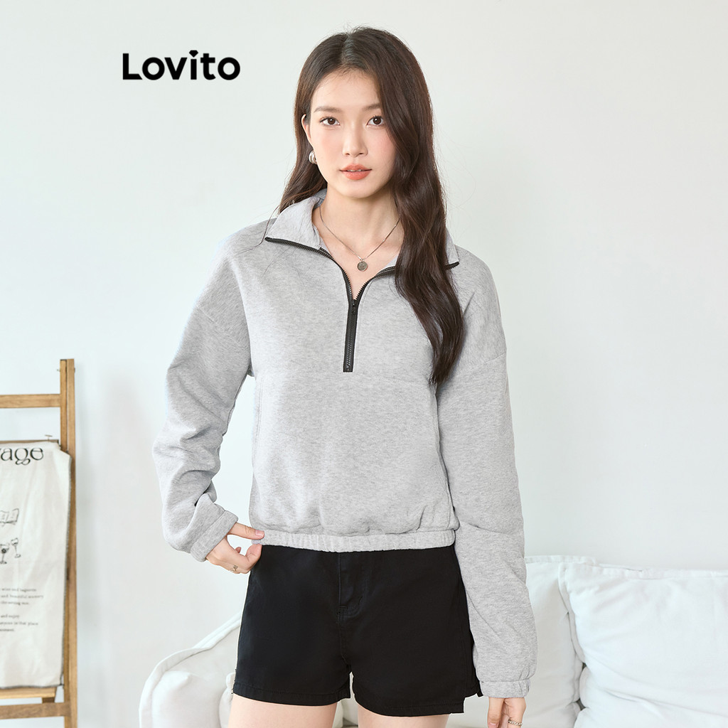 Lovito เสื้อสเวตเตอร์กระเป๋าซิปธรรมดาแบบสบาย ๆ สำหรับผู้หญิง L104ED164