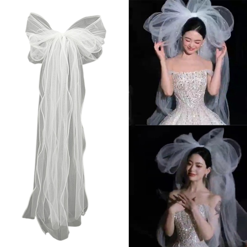 Lu Bride Veil Stylish Bowknot Ruffled Head Covering Wedding Hair Covering White Wedding Veil Headsca