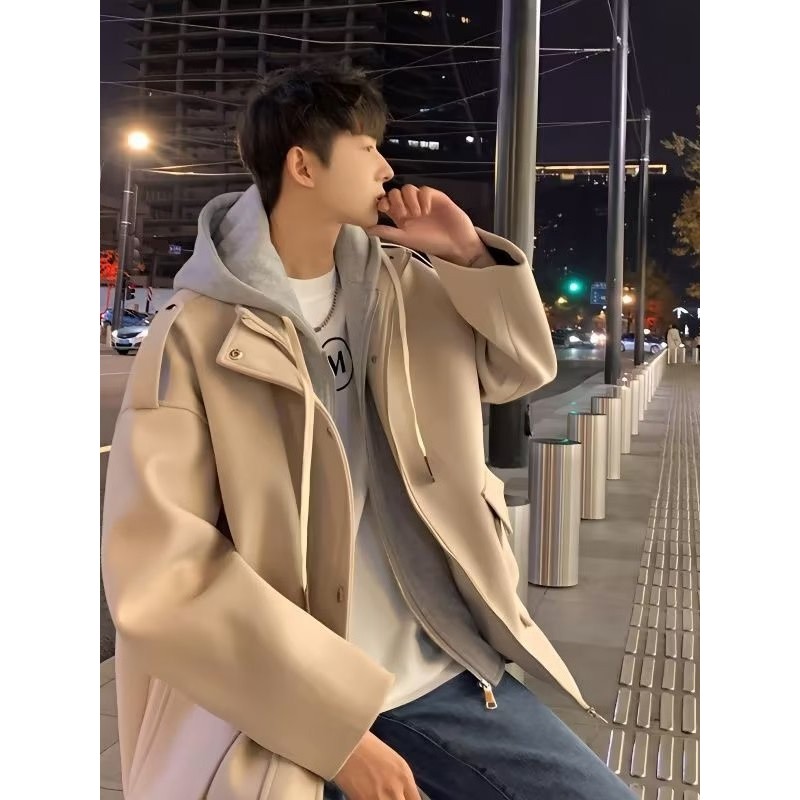 ปลอมสองชิ้นแจ็คเก็ตทําด้วยผ้าขนสัตว์ชายฤดูใบไม้ผลิฤดูใบไม้ร่วงบางเสื้อระดับไฮเอนด์ฤดูใบไม้ร่วงฤดูหนาวที่อบอุ่นเสื้อผู้ชายเสื้อหลว