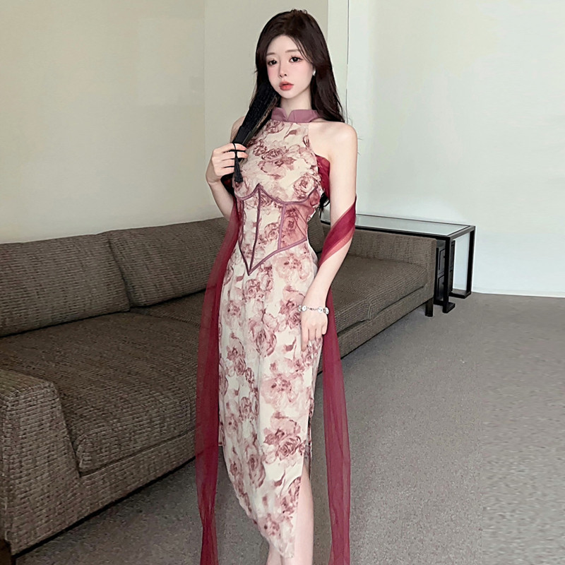 ย้อนยุคทุกวันเซ็กซี่ดอกไม้สีปรับปรุงชุดกี่เพ้าอารมณ์เอวสูงกลางความยาว ผอมลง ดูที่ไม่มีสายหนังสะโพก-