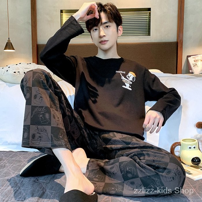 ชุดนอนผู้ชายสไตล์ใหม่สวมหัวแขนยาวหลวมกีฬาลำลองสไตล์เกาหลีใส่ออกไปข้างนอกได้ชุดนอนแขนยาวผู้ชาย