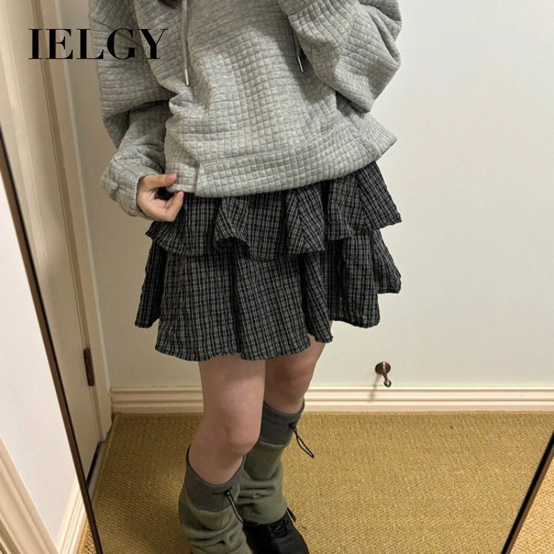 IELGY กระโปรงเค้กพองลายสก๊อตย้อนยุคผู้หญิงเอวสูง ก-เส้น ออกแบบกระโปรงสั้นหลวม