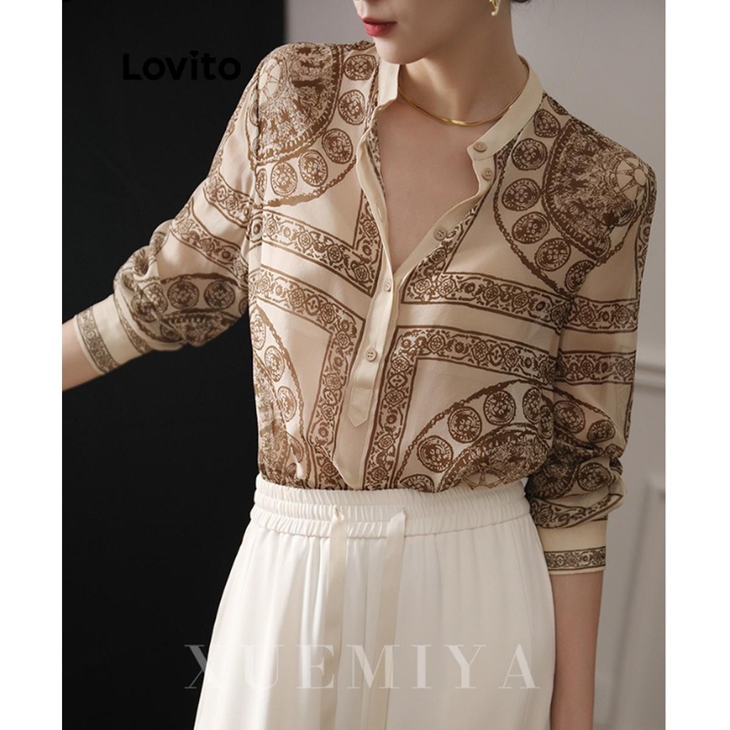 Lovito เสื้อเบลาส์ผู้หญิง พิมพ์ลายแนวชนเผ่า สไตล์โบโฮ LNE71025