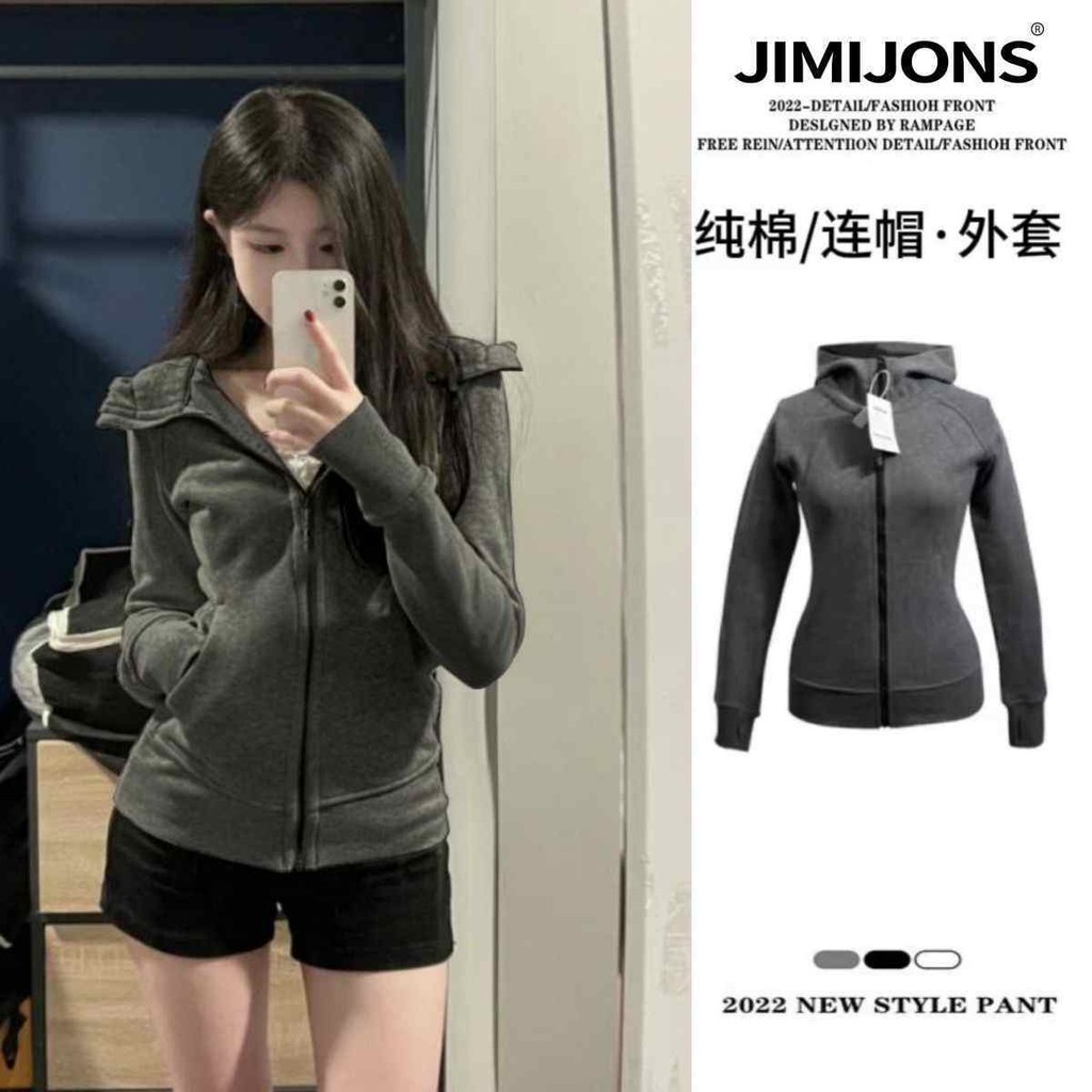 Jimijons American Slim-fit เสื้อแจ็คเก็ตผู้หญิงฤดูใบไม้ผลิฤดูใบไม้ร่วงซิปเสื้อสเวตเตอร์ถัก Hooded Sweatshirt กีฬา Top All-match ins