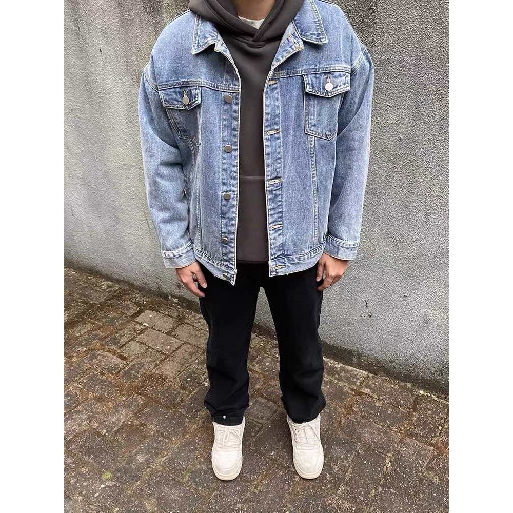 EERSHENSHI ผู้ชายวินเทจแจ็คเก็ตยีนส์ใหม่หลวมสบายๆสไตล์เกาหลีอเนกประสงค์แขนยาวเสื้อโปโลคอปก