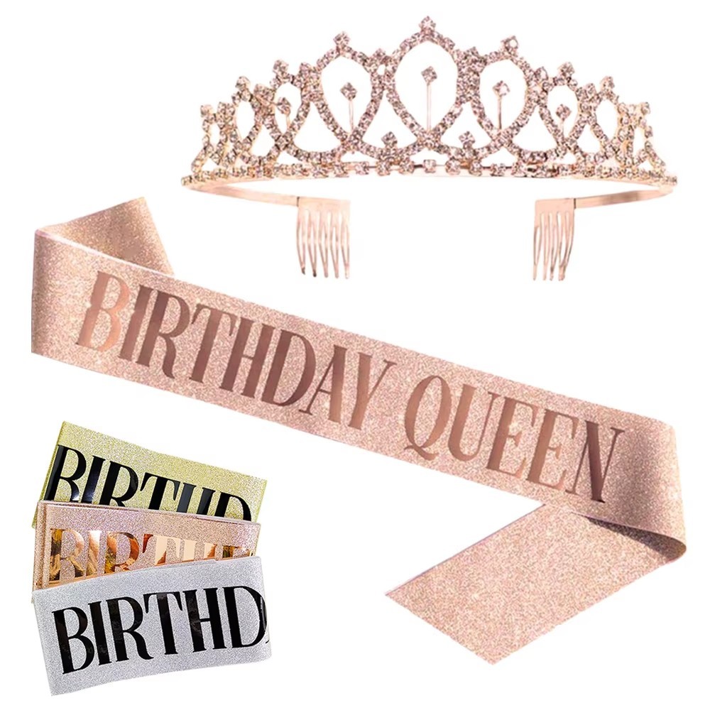 Bling Rhinestone คริสตัลมงกุฎ Tiara วันเกิดครบรอบตกแต่ง Happy 18 21 30 40 50th วันเกิดซาติน Sash Party Supplies