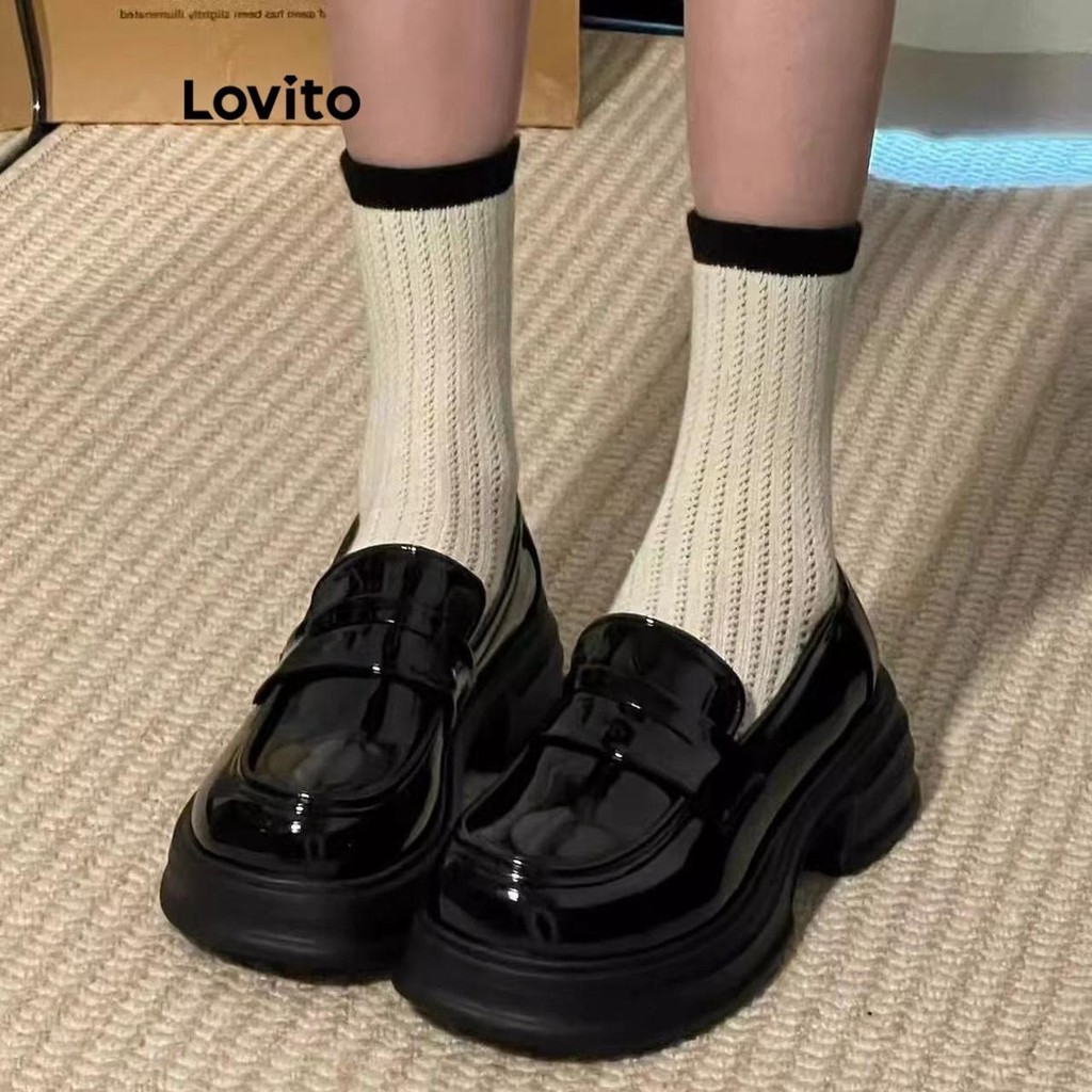 (Lovito Refine) รองเท้าโลฟเฟอร์ผู้หญิง พื้นหนา สีพื้น สไตล์น่ารัก LFA20373