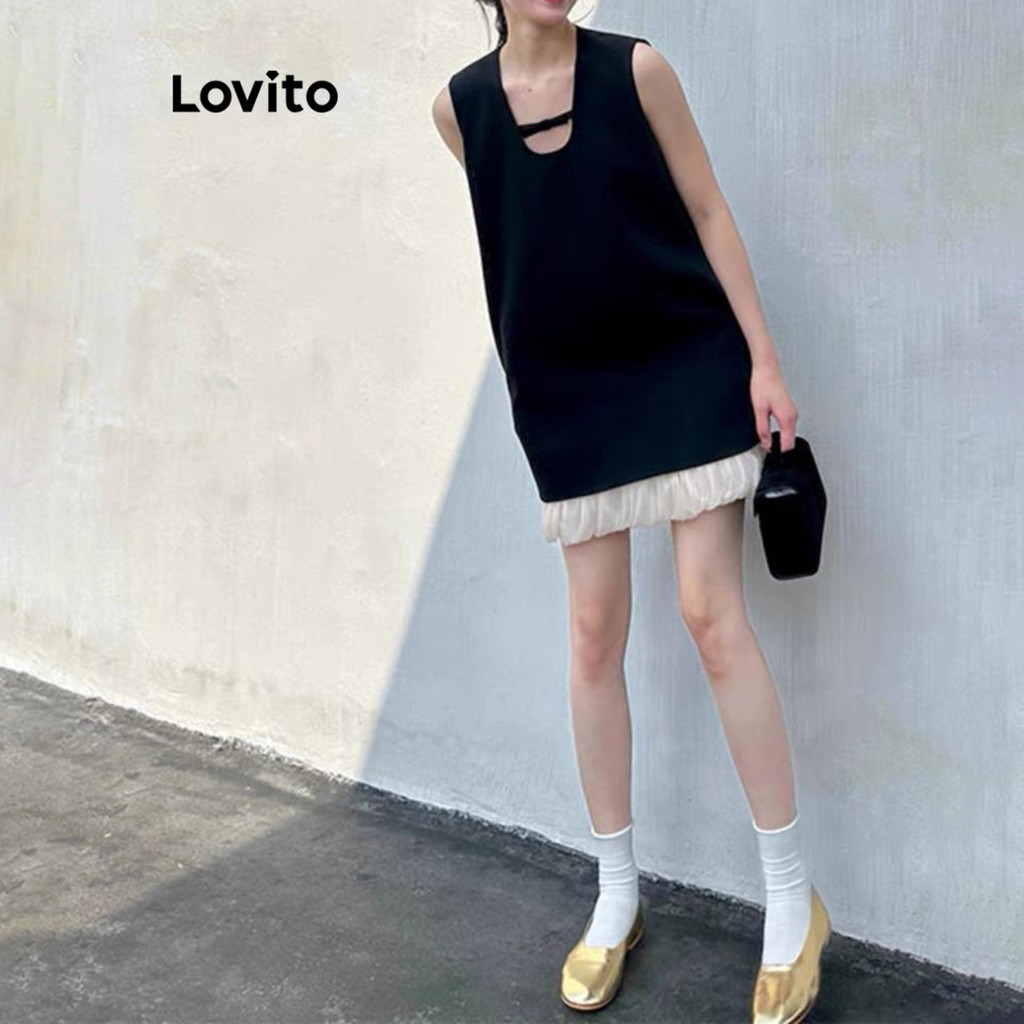 ซื้อ Lovito ชุดเดรสผู้หญิง แต่งผ้าตาข่าย สีพื้น สไตล์ลำลอง LNA66299