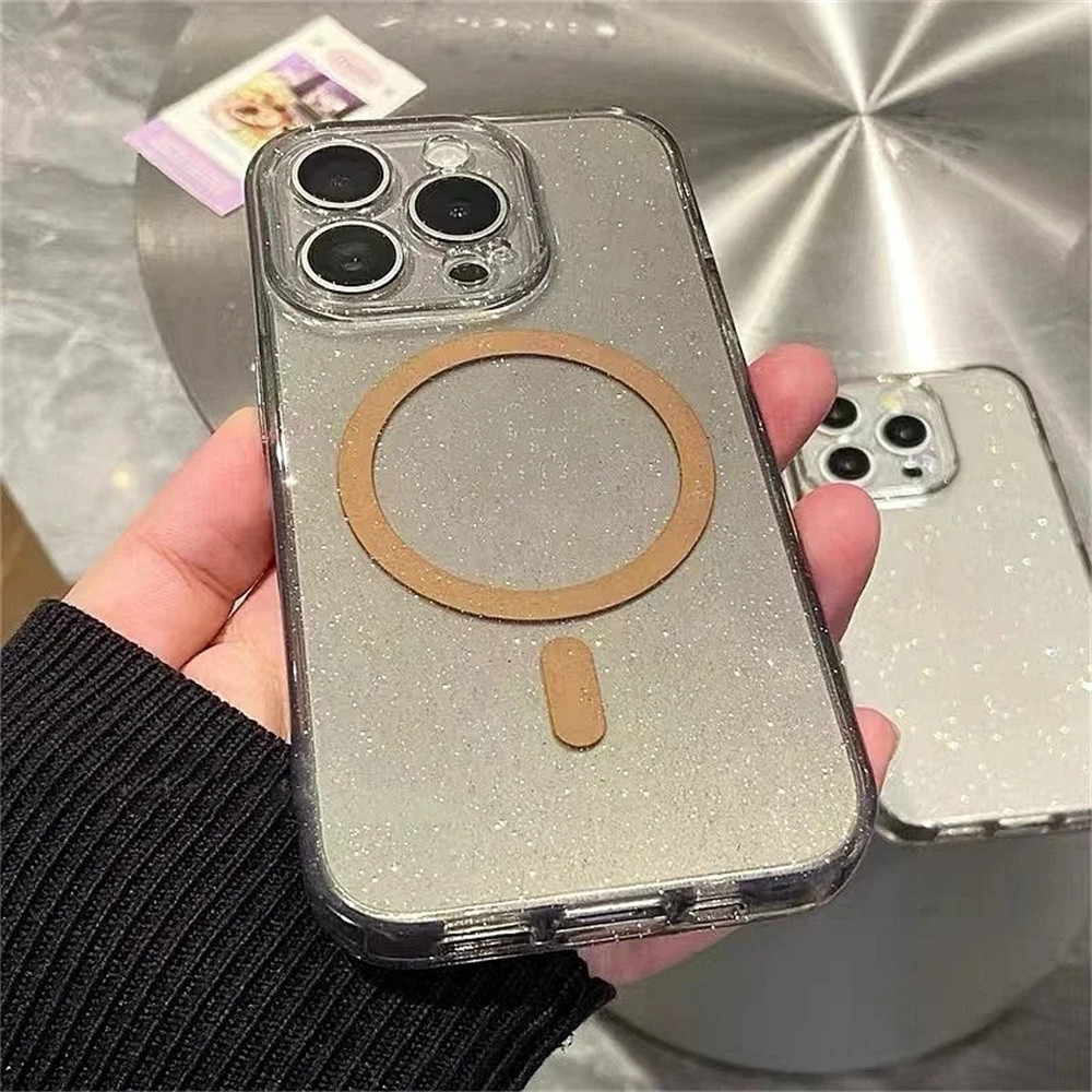 หรูหราglitterโปร่งใสเคสโทรศัพท์สําหรับiphone 16 13 14 15 Pro Max 15 Plusแม่เหล็กกันชนใสซิลิโคนนุ่ม