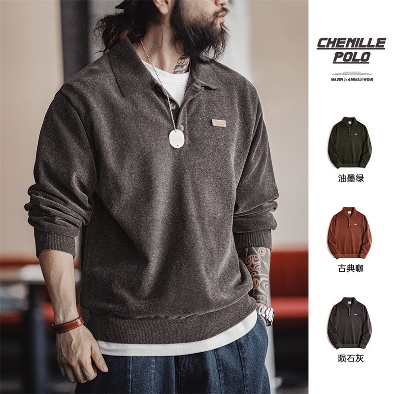 Maden American Retro Chenille Half-Cardigan เสื้อโปโลหลวมLapel Pulloverเสื้อยืดแขนยาวผู้ชายฤดูใบไม้ร่วง