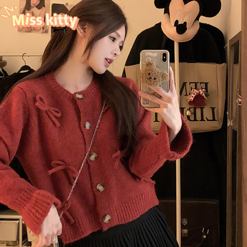 Miss Kitty จัดส่งที่รวดเร็ว ท่านหญิง เสื้อไหมพรมแขนยาว คอกบม กันหนาวสีพาสเทล *Z046*