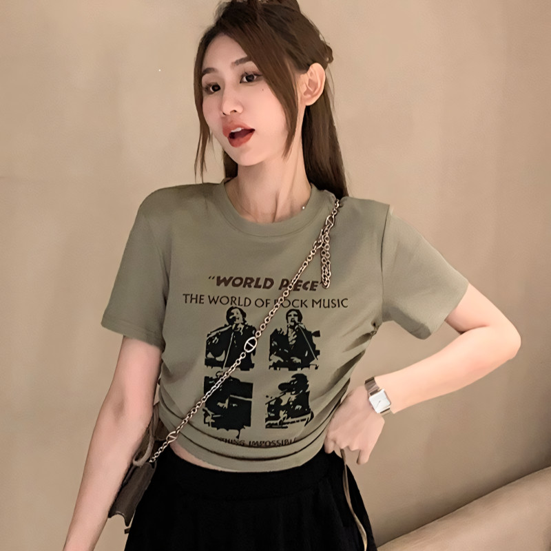 SuySuy พร้อมส่ง เสื้อยืด ผ้าเรย่อนสีพื้น แขนสั้น แต่งสกรีนรูป เอวสม็อกมีเชือกรูด เข้ากับทุกการแต่งกายแฟชั่นฤดูร้อน