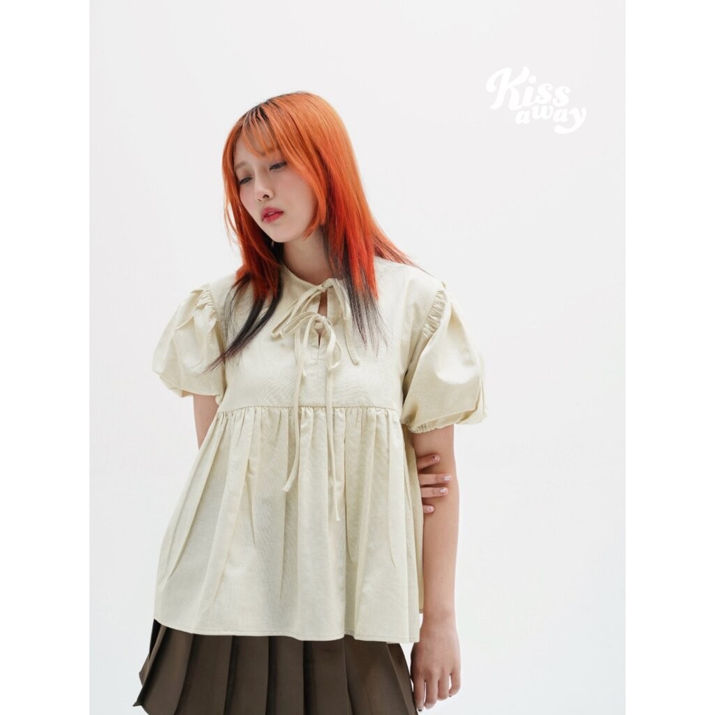 Jinny (121) เสื้อผูกโบว์ แขนตุ๊กตา ชุดไปคาเฟ่ ใส่แมทกับยีนต์ขาสั้นขายาวได้ Kissaway