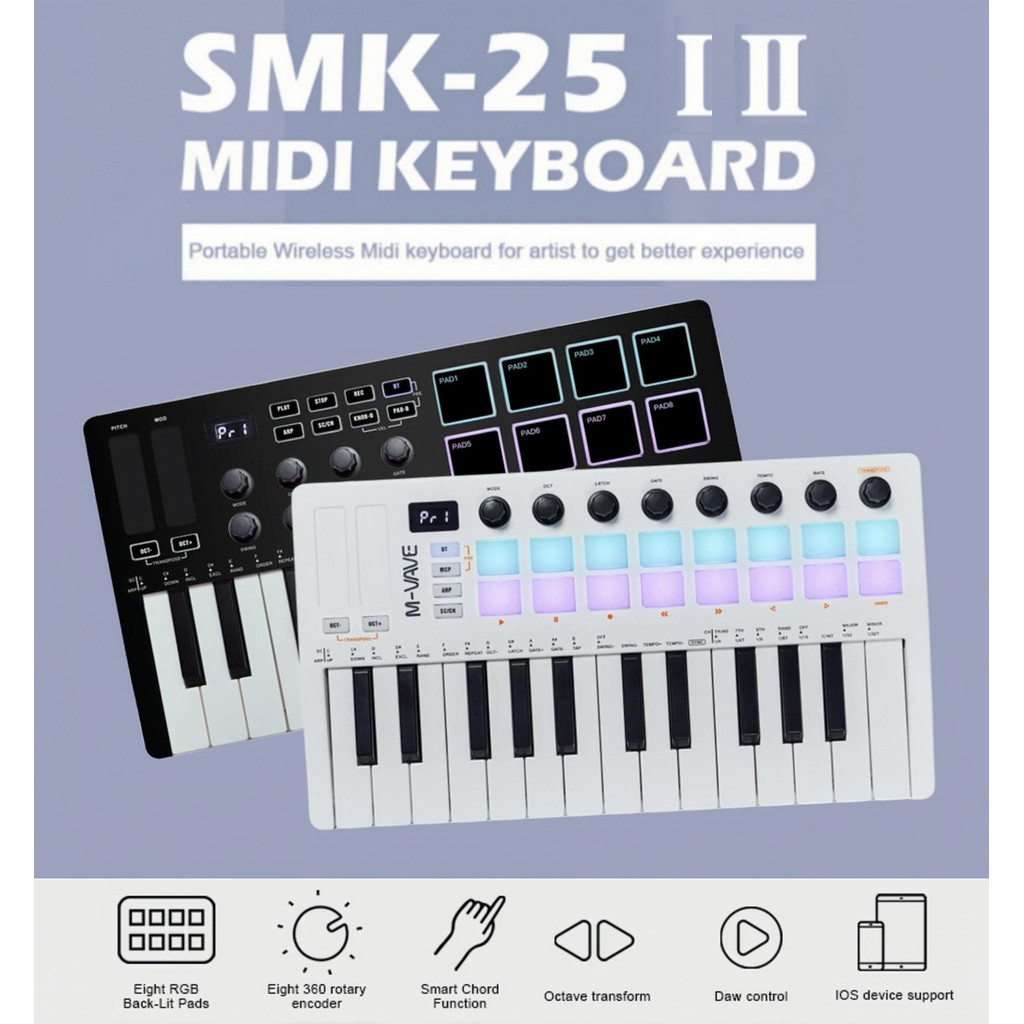 M-VAVE SMK-25 II MIDI Pad Controller คีย์บอร์ด USB Mini 25 คีย์, 16 RGB กลอง Pads,8 ปุ่มและการผลิตเพ