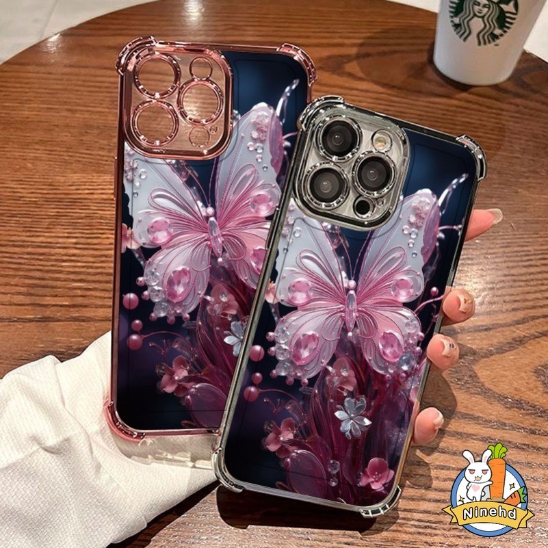 สําหรับ OPPO A15 A16 A18 A38 A57 A77s A5s A3s A58 A95 A7 A9 A5 A78 A79 A98 Reno 12F 11F 8T กรณี Creative เกาหลีสีแดงผีเสื้อฝาครอบแม่เหล็กโปร่งใสสี่มุมโปร่งใสสี่มุม