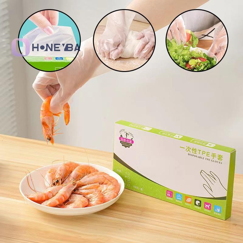 <Honeyby> 100 ชิ้น/กล่อง Latex ฟรีถุงมือ TPE ถุงมือทิ้งโปร่งใสลื่นกรดทํางานความปลอดภัยเกรดอาหารถุงมือทําความสะอาดในครัวเรือน Nice