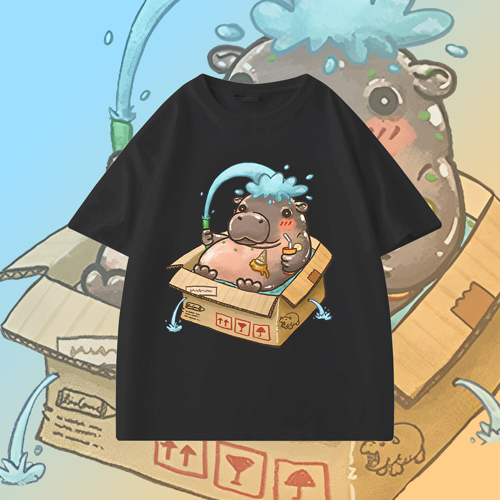 เสื้อยืดการ์ตูน Moodeng Hippo สําหรับเด็กเสื้อยืดแขนสั้นพิมพ์ลายกราฟิก Hippo สนุกและขี้เล่น