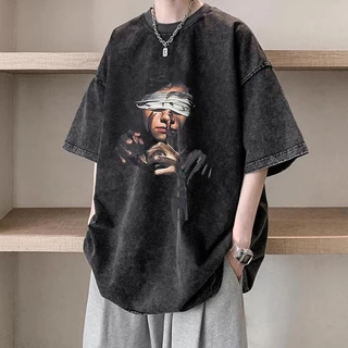(จัดส่งตลอด 24 ชั่วโมง)Fanfei ผ้าคอตตอน100% เสื้อยืดผ้าฟอก oversize เสื้อคู่ลำลองทรงพิมพ์ล