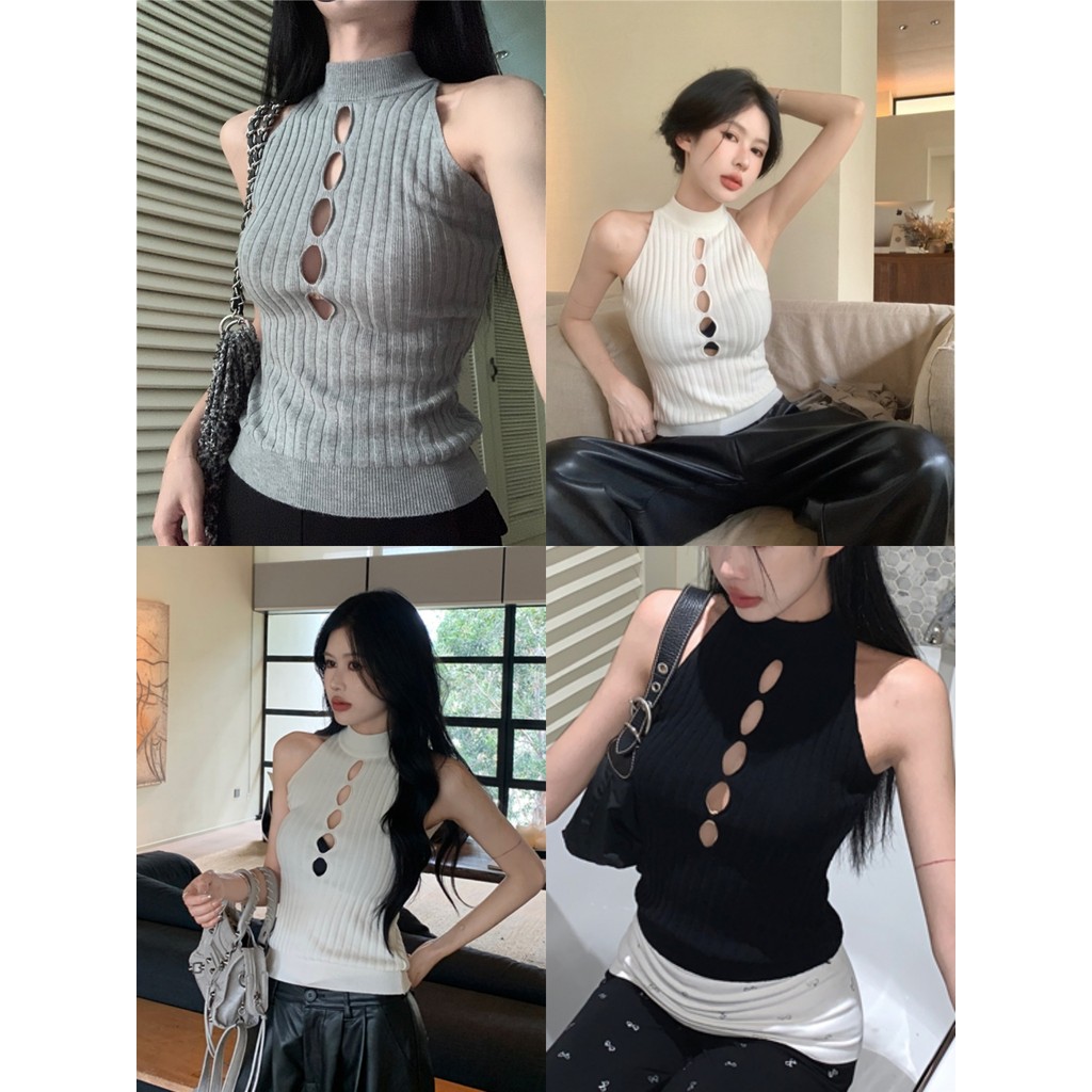 Soroh เสื้อกล้าม ไหมพรม คอกลม รายละเอียดคัตเอาท์ ดีเทลผ้าร่อง เสื้อแขนกุด สไตล์เกาหลี #Y2825