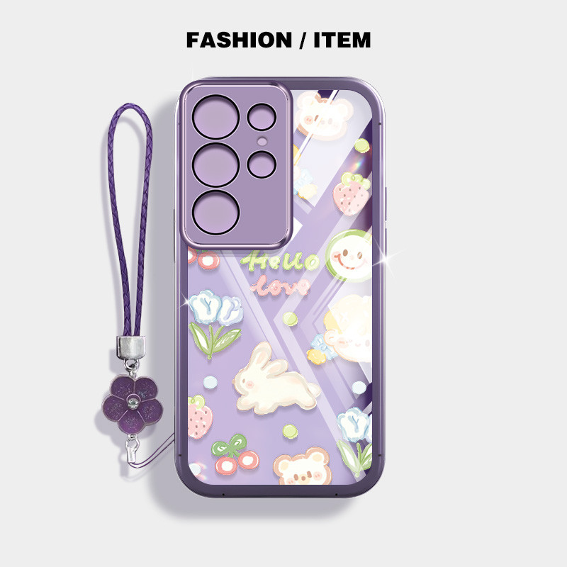 น่ารักการ์ตูนเคสโทรศัพท์สําหรับ Samsung Galaxy S22 S23 S24 Plus S22 S23 S24 Ultra S24 FE S22 + S23 + S24 + ปลอกโปร่งใสฝาครอบป้องกันดอกไม้แขวนเชือก