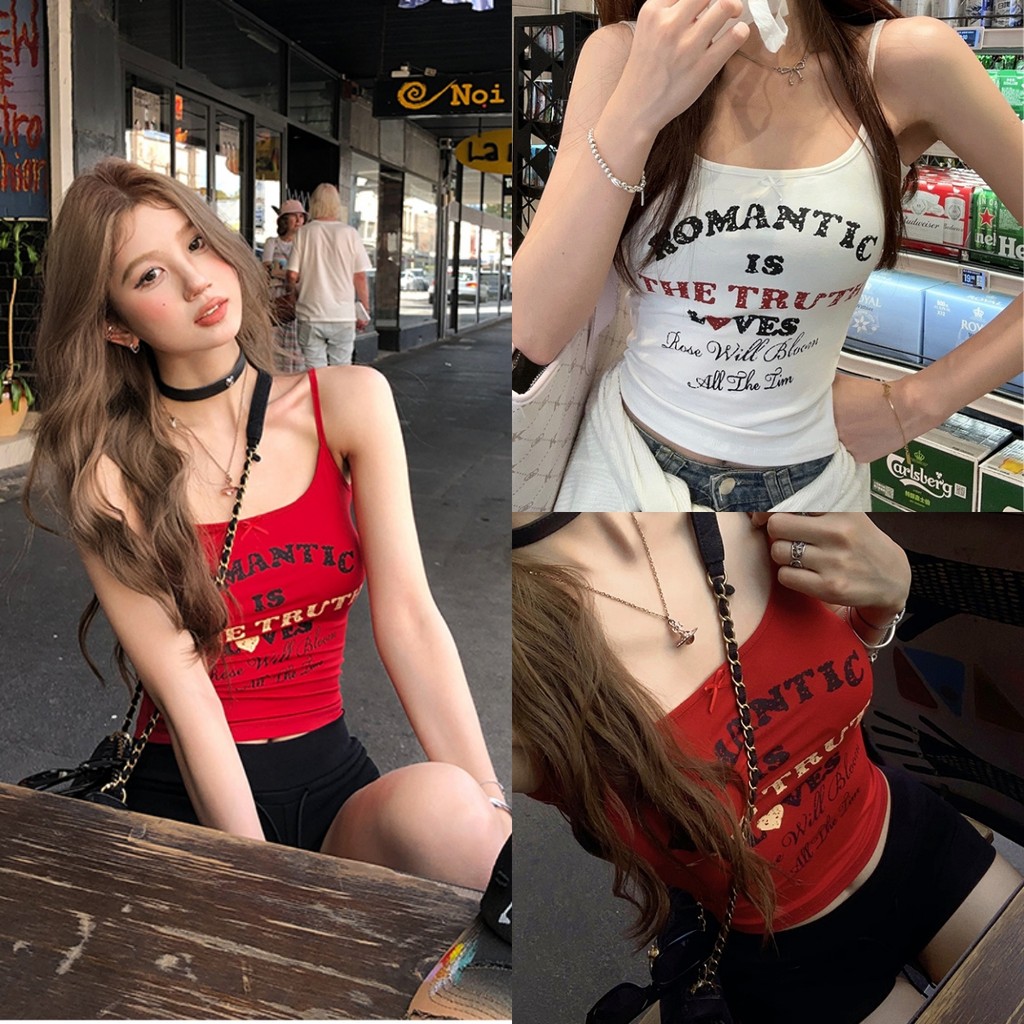 Bella Shop เสื้อกั๊กพิมพ์ลายตัวอักษร สไตล์สาวฮอตอเมริกัน เสื้อกั๊กแขนกุดผู้หญิงหน้าร้อนสุดเซ็กซี่