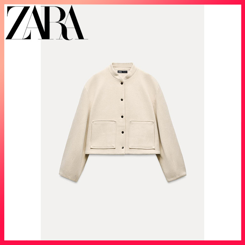 ZARA ซาร่า ใหม่เสื้อผ้าสตรี หลากสี แพทช์กระเป๋าสั้นเครื่องบินทิ้งระเบิดแจ็คเก็ต