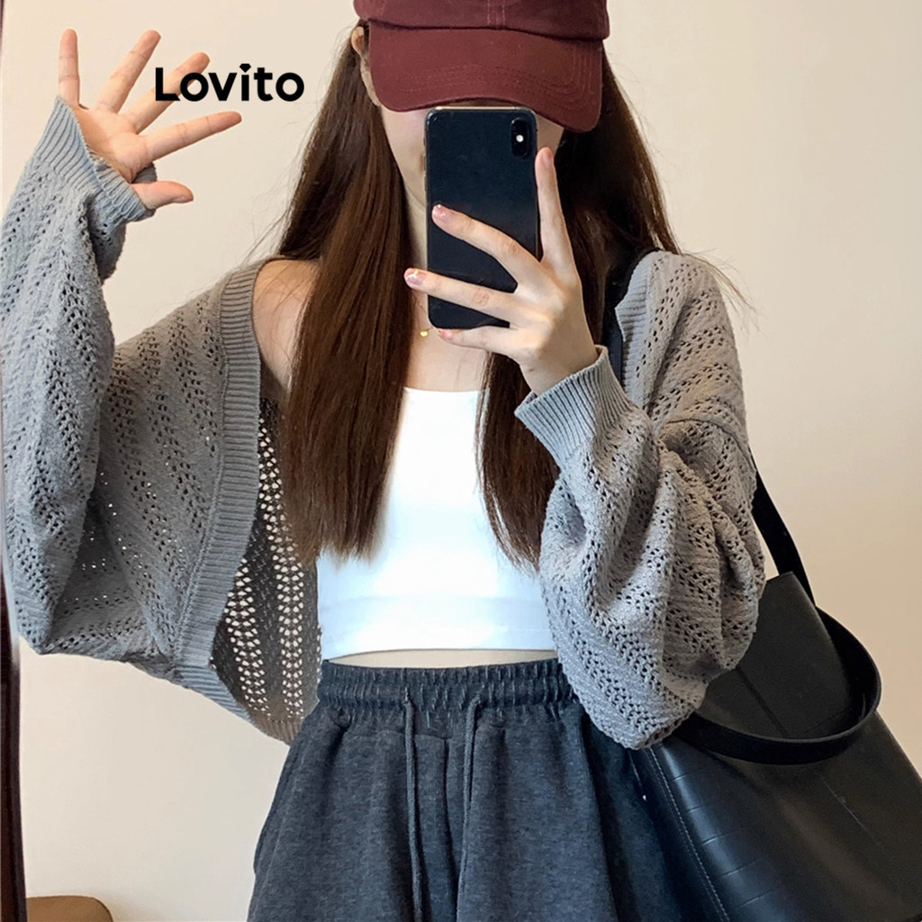 Lovito เสื้อผ้าถัก ผ้าแจ็คการ์ด สีพื้น สไตล์ลำลอง สำหรับผู้หญิง LNE30221 (สีเทา / สีดำ)