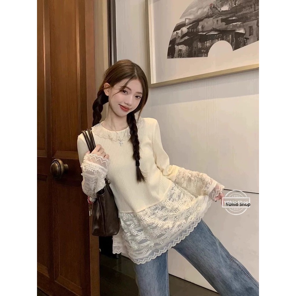 เสื้อยืดเย็บปะติดปะต่อกันแขนยาวลูกไม้หวานฤดูใบไม้ร่วงของเด็กผู้หญิง