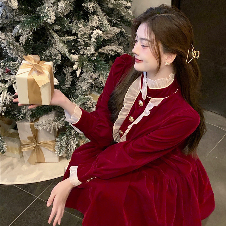 คริสต์มาสชุดสีแดงชุดเอวแคบ ผอมลง ดูอารมณ์กํามะหยี่กระโปรงยาวผู้หญิง