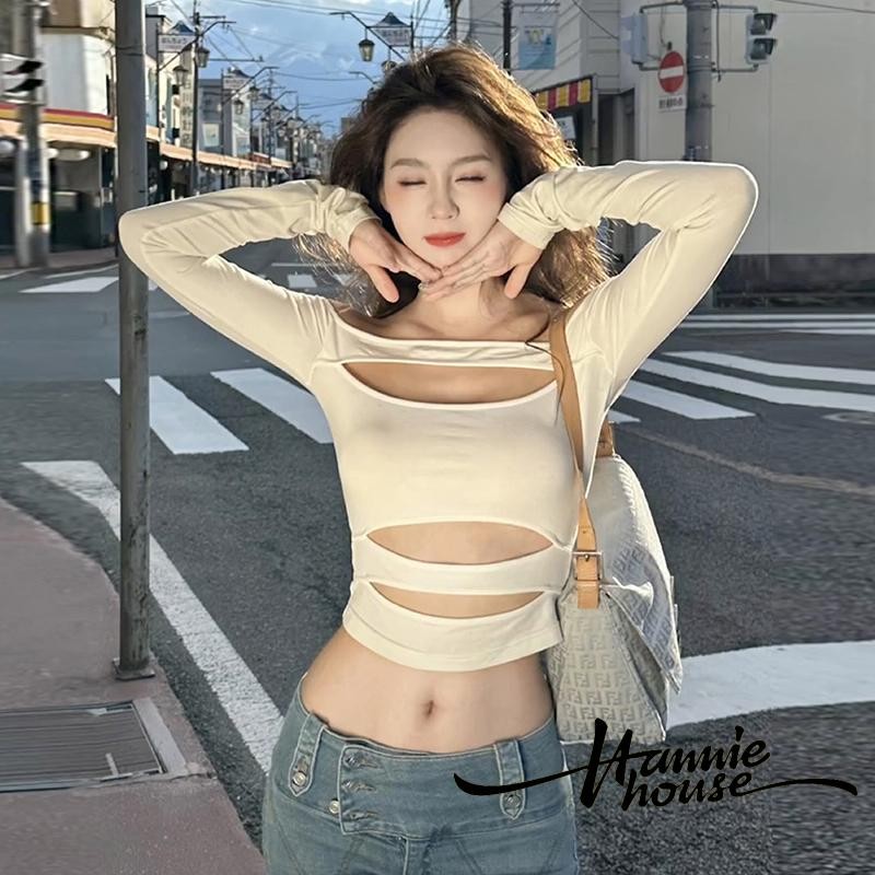 Hanie House- เสื้อยืดครอปคอปาดแฟชั่นแขนยาวผู้หญิง