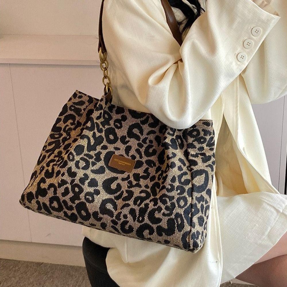 Easts Tote Bag กระเป๋าสะพายผ้าแคนวาสลายเสือดาว กระเป๋าใต้วงแขนความจุขนาดใหญ่แบบลําลอง ผู้หญิง