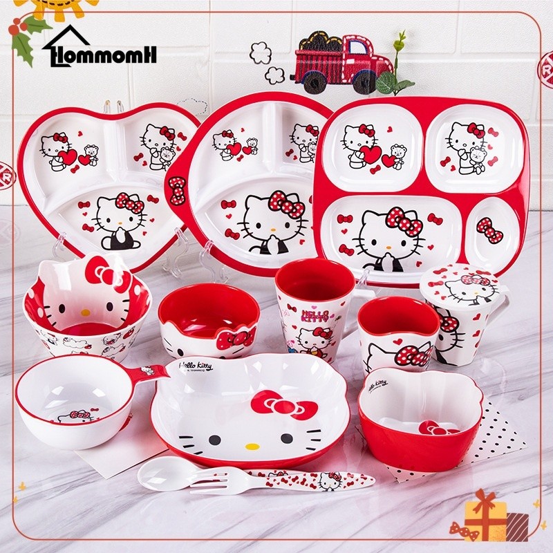 เด็กจานอาหารค่ําบนโต๊ะอาหารการ์ตูนน่ารักสร้างสรรค์ชามขนมคิตตี้ครัวเรือนจานจานชุดครัวเรือนสร้างสรรค์เด็กชามข้าว