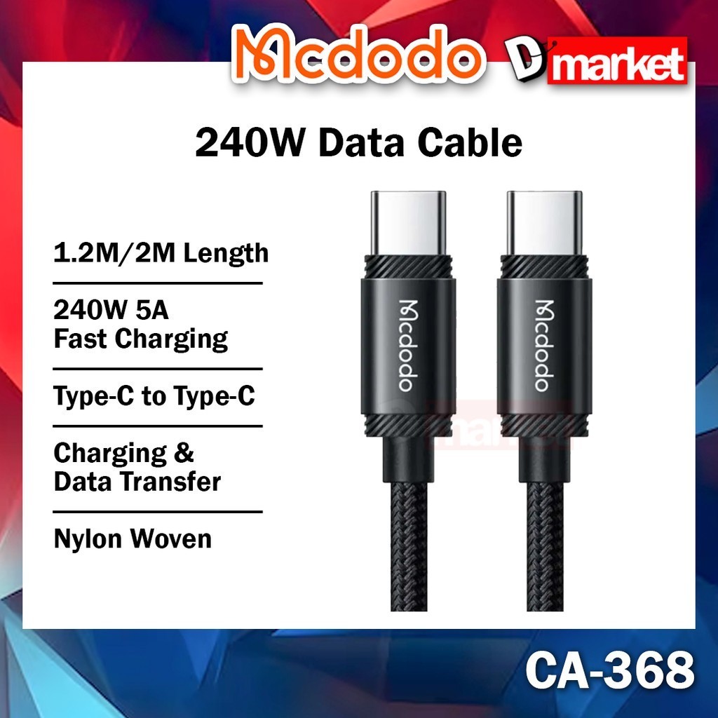 Mcdodo CA-368 Data Cable 240W Fast Charging Cable 240W Cable 1.2M ความยาว Type-C Cable Mcdodo CA-368