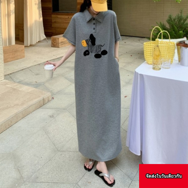【จัดส่งในวันเดียวกัน】L-3XL เดรสพลัสไซส์ คอปกพับได้ แขน 1/2 พิมพ์ลายน่ารัก เดรสยาวทรงหลวม