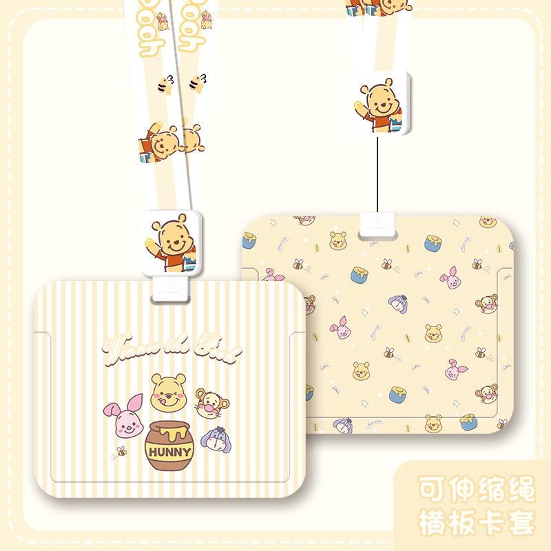 Anti-Magnetic High-Appearance รุ่นแนวนอนน่ารัก Winnie the Pooh Card Holder with Retractable Buckle Lanyard Anti @-