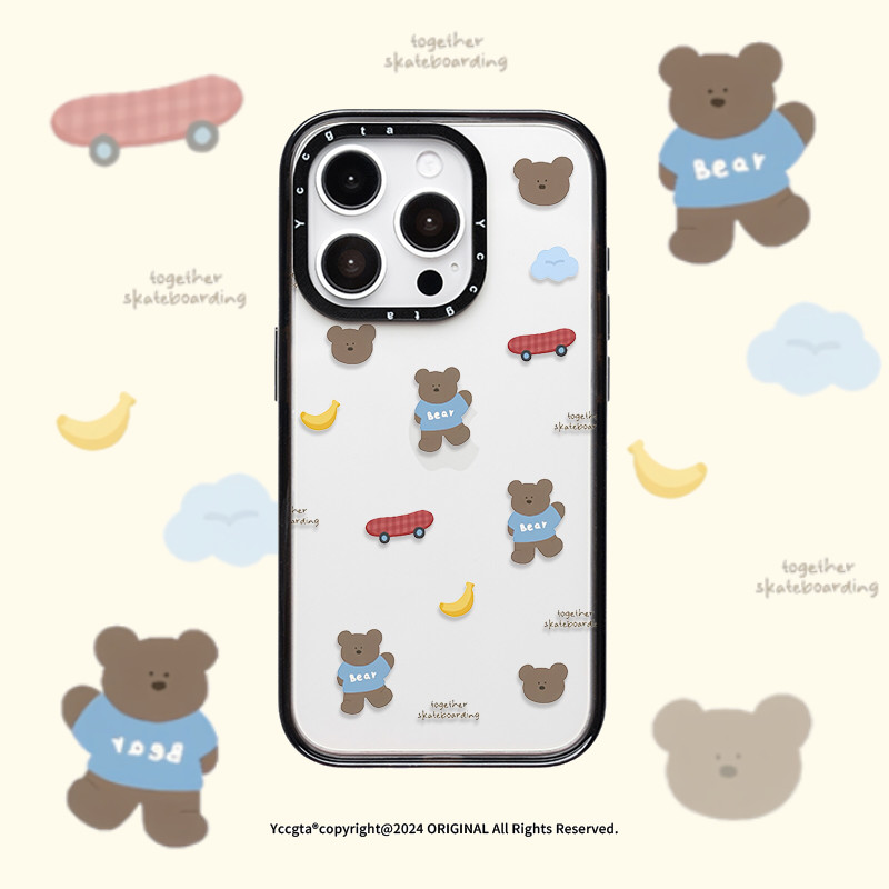 สเก็ตบอร์ดหมีเคสโทรศัพท์โปร่งใสDrop-ResistantสําหรับiPhone 16 Promax 15 Promax 11 12 13 14plus 15plus 16e 16plus 15pro