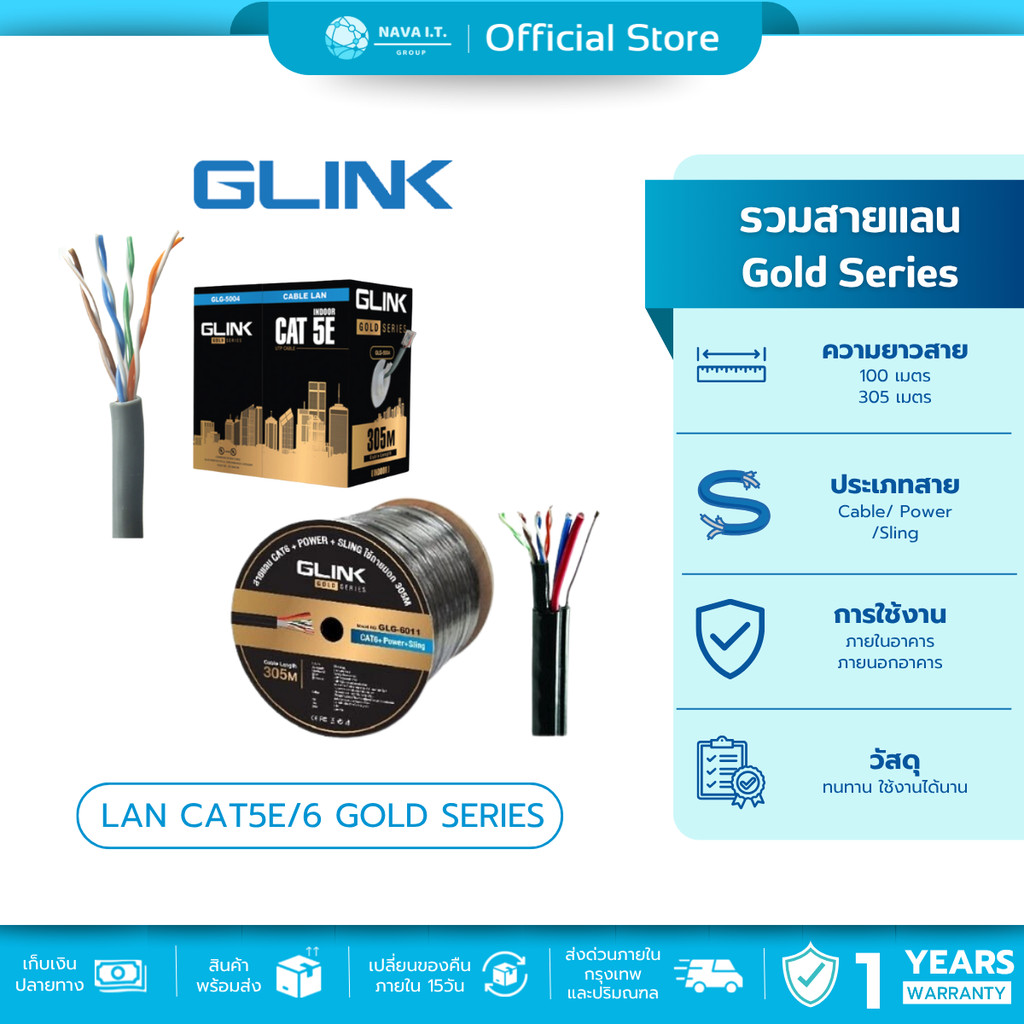 🛵มีส่งด่วน💨 GLINK GLG6006 OUTDOOR CABLE สายแลน ภายนอก CAT6 GOLD SERIES ความยาว 305เมตร (ไม่เข้าหัวไปให้)
