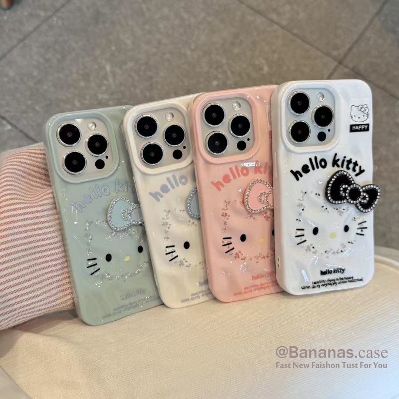 เข้ากันได้กับ iPhone 16 15 14 13 12 11 Pro Max X XS XR XS Max 7 8 Plus เคสโทรศัพท์ 3D DIY สีลูกกวาดโบว์แมวคลื่นนุ่มปกหลัง