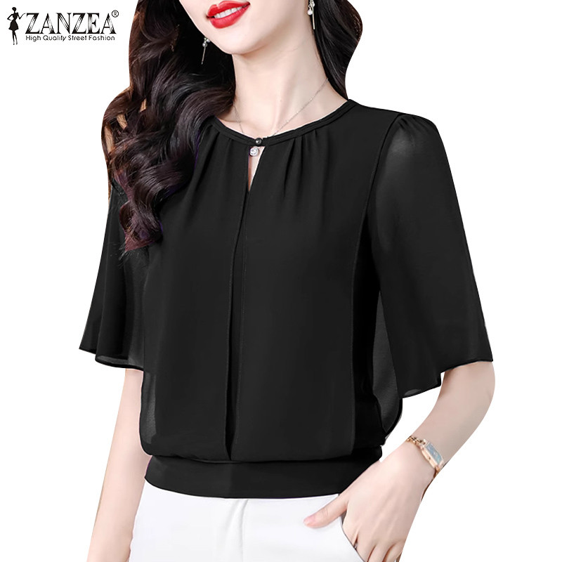 ZANZEA ชุดเสื้อคอกลมสไตล์เกาหลีสำหรับผู้หญิง ผ้าชีฟองบางเบา
