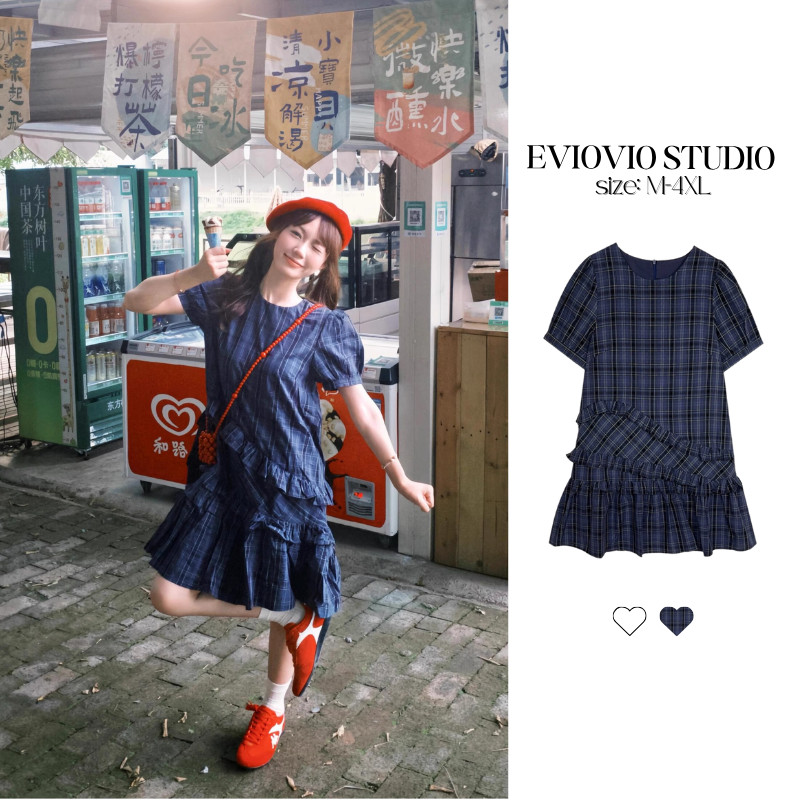 【EVIOVIO】 M-4XL เดรสสั้นคอกลม แขนพัฟสั้น ทรงเอบาน สไตล์วินเทจน่ารัก มีเลเยอร์ สไตล์เกาหลี